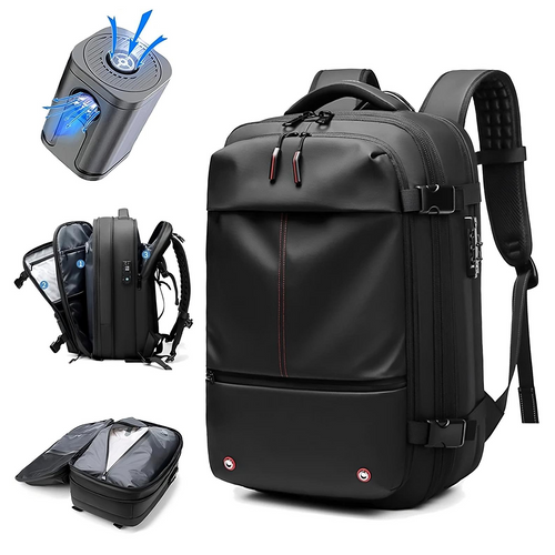 Travel vacuum compression backpack with expandable storage, waterproof design, and multiple compartments for efficient packing.