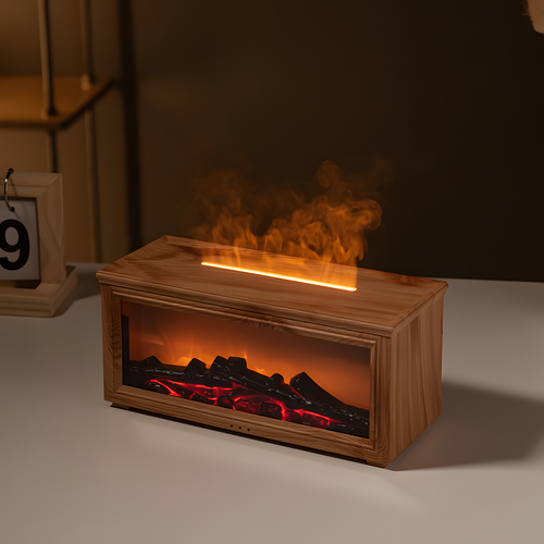 Wooden fireplace insert with flames and glowing coals on a neutral background

