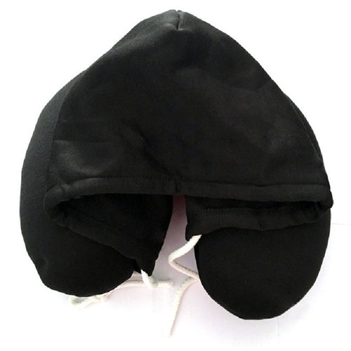 Black hooded travel neck pillow for comfortable sleeping during flights and long journeys.