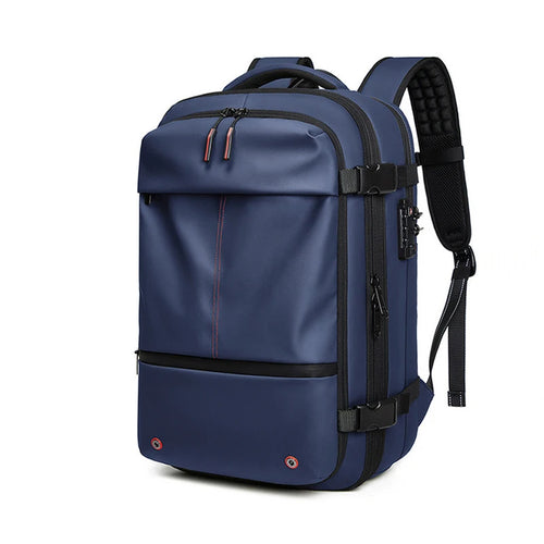 Blue travel vacuum backpack featuring organized compartments, laptop storage, and compression technology.