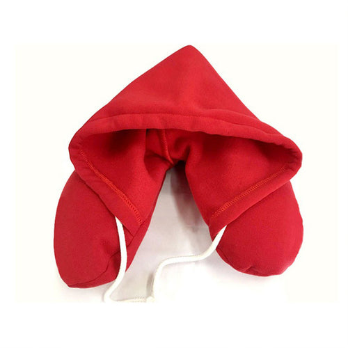 Red hooded travel neck pillow designed for relaxation, travel comfort, and neck support.