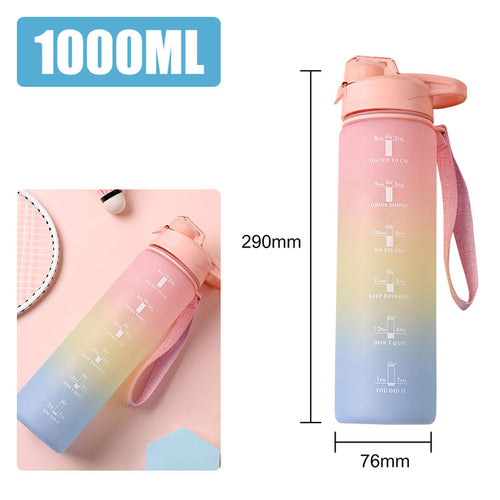 Pink motivational water bottle with large capacity and hydration reminders.