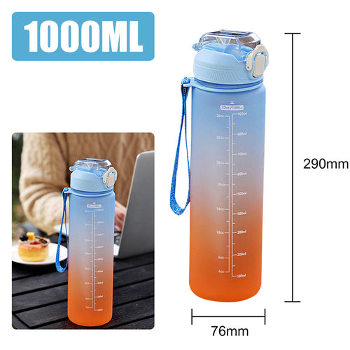 Blue and orange sports water bottle with motivational time scale.