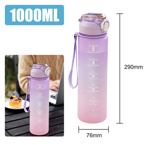 Purple hydration bottle with wrist strap and leakproof drinking spout.