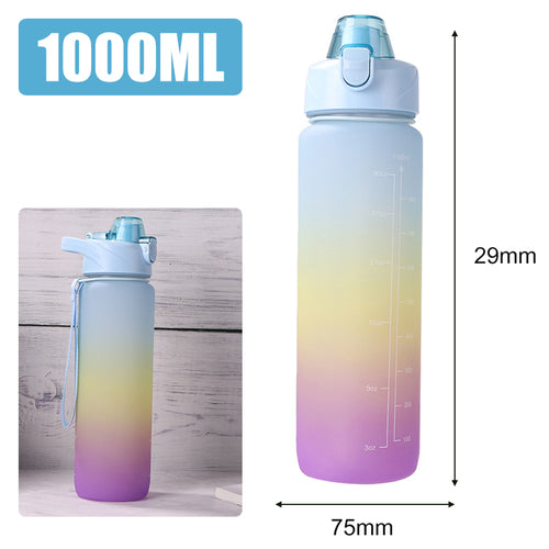 Light blue motivational bottle with time markers and large drinking capacity.