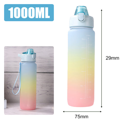 Light blue motivational bottle with time markers and large drinking capacity.