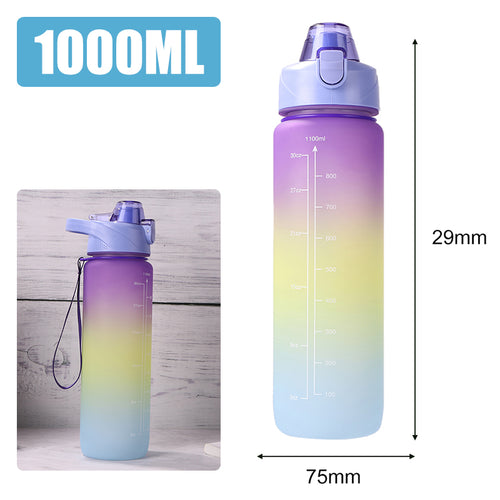 Purple to yellow gradient water bottle for fitness and outdoor activities.