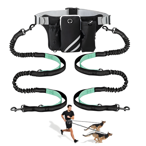 A black dog leash harness set with a waist belt, two retractable elastic leashes, and two matching dog leashes, shown on a white background with a small lifestyle photo of a man walking two dogs at the bottom.

