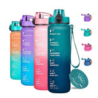 1000ML motivational water bottle with time markers, gradient colors, leakproof lid, and carrying strap.