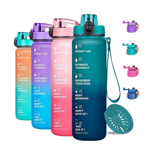 1000ML motivational water bottle with time markers, gradient colors, leakproof lid, and carrying strap.