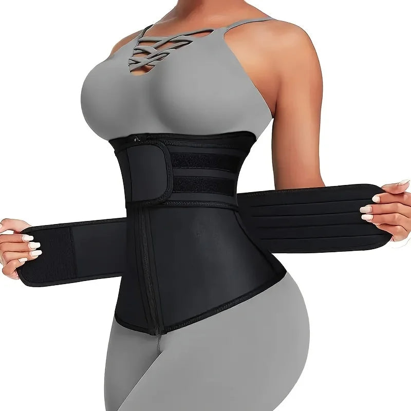 Woman wearing Waist Belt Body Shaper with adjustable compression straps for tummy control