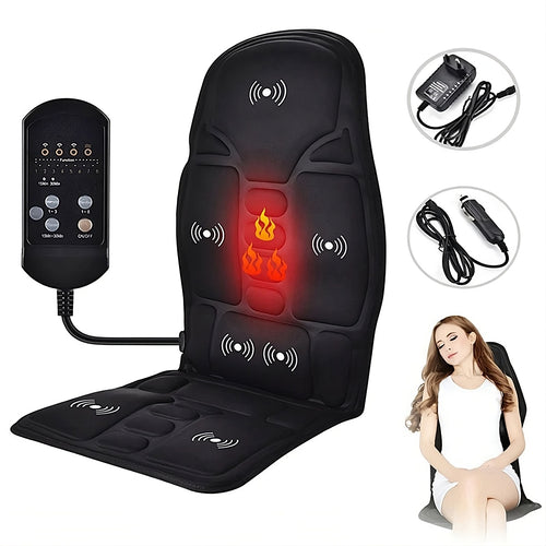 Black electric lumbar massage cushion with a remote control, shown with inset images of its power adapter, car cigarette lighter plug, and a woman sitting in use.

