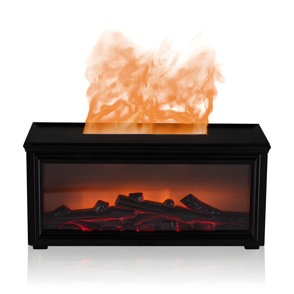 Black electric fireplace insert with flames on a white background

