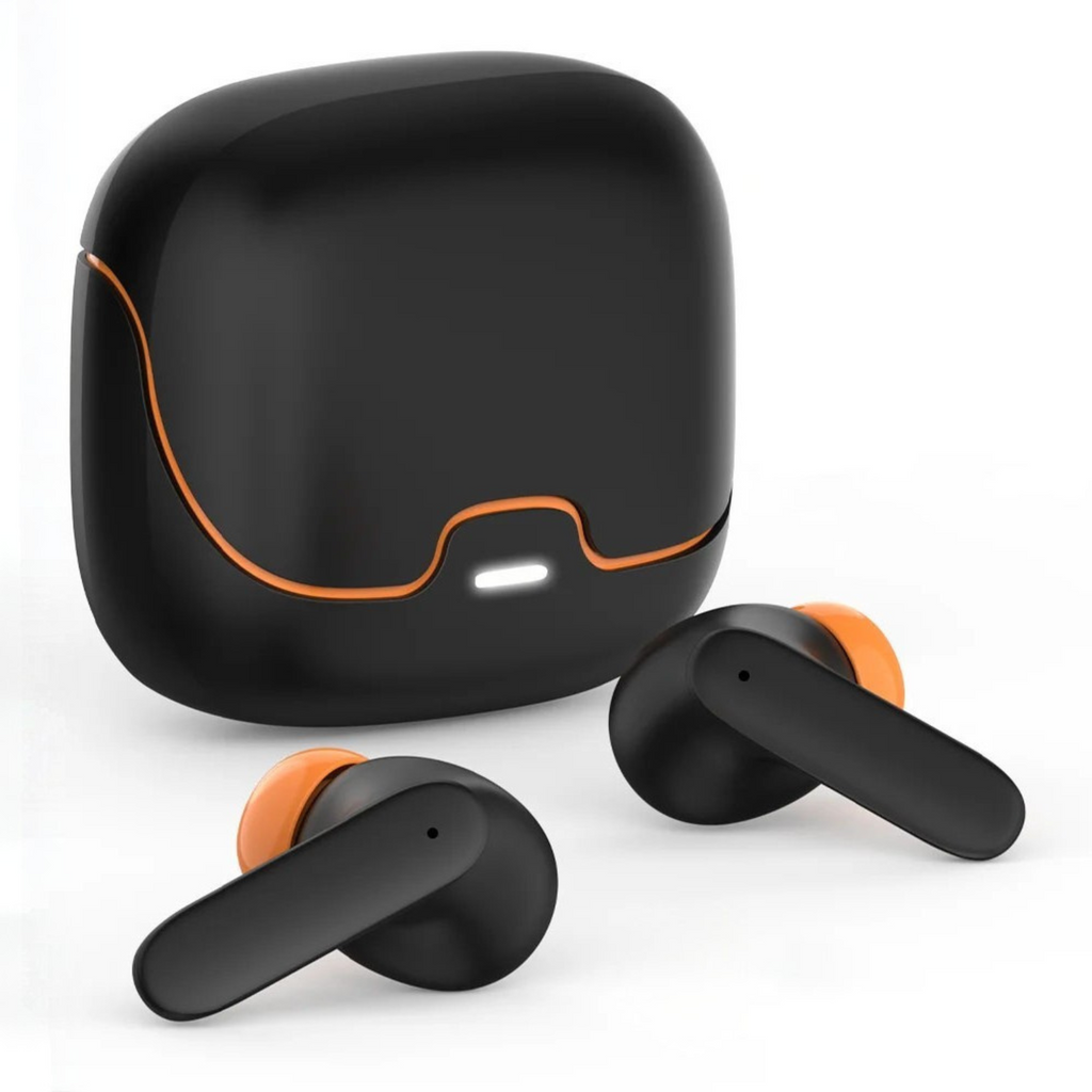 Wireless Bluetooth earbuds with charging case in black and orange design