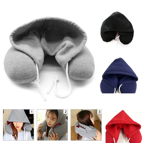 Multi-color hooded travel neck pillow collection showing different styles and color options.