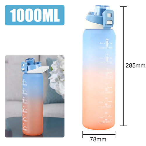 Turquoise gradient sports bottle with motivational quotes and time tracking.
