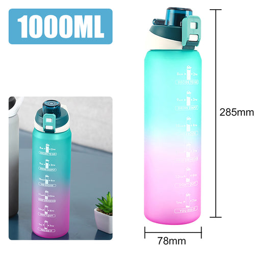 Turquoise gradient sports bottle with motivational quotes and time tracking.