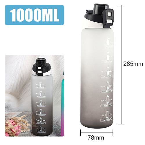 Black and gray reusable water bottle with modern leakproof design and carry strap.