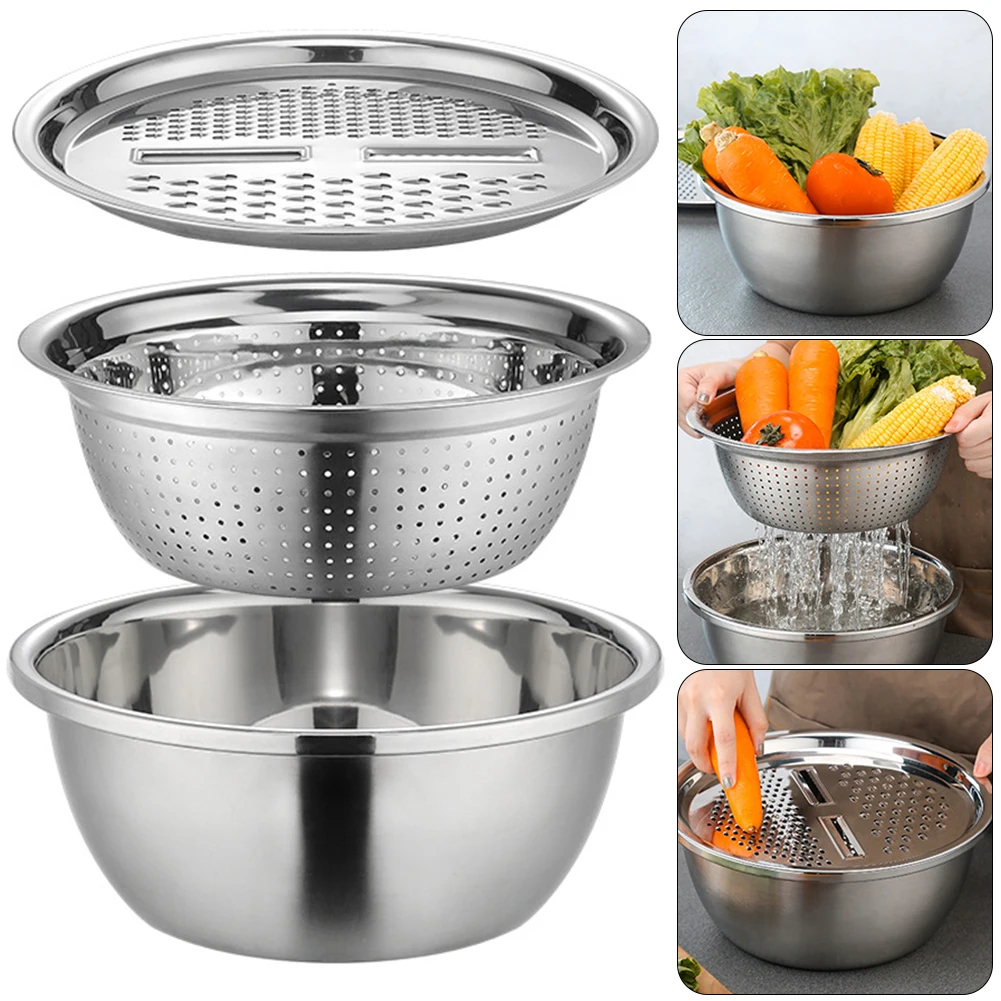 Stainless steel kitchen utensil set shown as a product collage: a large mixing bowl, a perforated colander bowl, a lid, and inset usage photos showing vegetables and water draining in a real kitchen setting.

