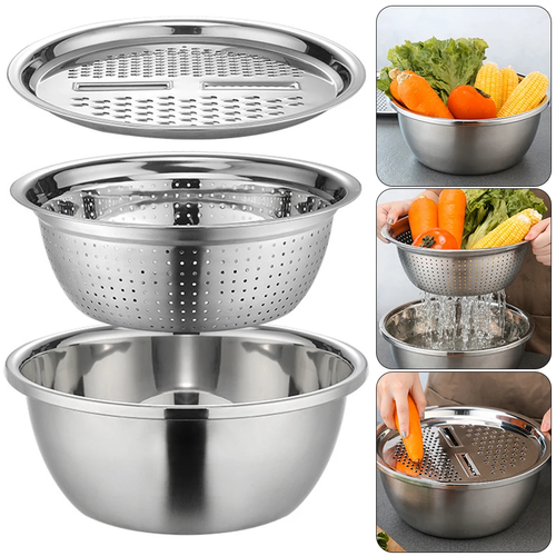 Stainless steel kitchen utensil set shown as a product collage: a large mixing bowl, a perforated colander bowl, a lid, and inset usage photos showing vegetables and water draining in a real kitchen setting.

