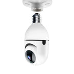 White security camera designed like a light bulb on a white background

