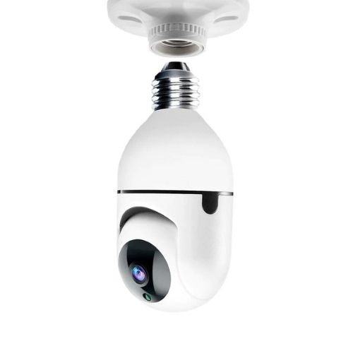 White security camera designed like a light bulb on a white background


