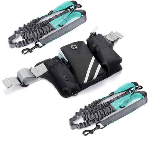 Three black tactical waist bags with integrated black coiled bungee restraints and gray straps, shown on a plain white background.

