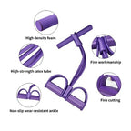 Purple resistance band with pedal handles designed for home workouts, stretching, and muscle toning.