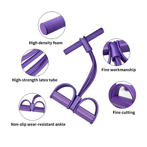 Purple resistance band with pedal handles designed for home workouts, stretching, and muscle toning.