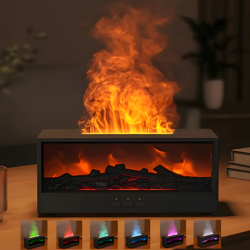 Tabletop fireplace with flame effect on a wooden surface, surrounded by books and a plant.


