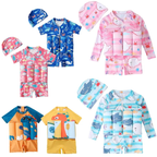A set of baby swimwear and hats for kids, featuring multiple colorful one-piece swimsuits and matching swim caps with playful cartoon prints. The designs include pink sea creatures, blue whales, orange and yellow dinosaurs, and light blue sharks on a clean white background.

