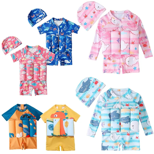 A set of baby swimwear and hats for kids, featuring multiple colorful one-piece swimsuits and matching swim caps with playful cartoon prints. The designs include pink sea creatures, blue whales, orange and yellow dinosaurs, and light blue sharks on a clean white background.

