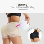 Before and after comparison showing the shaping and lifting effect of padded hip enhancer shorts.