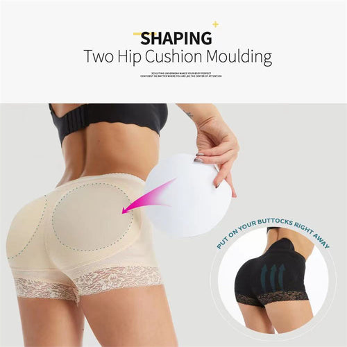 Before and after comparison showing the shaping and lifting effect of padded hip enhancer shorts.