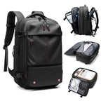 Vacuum backpack displayed from multiple angles showing compression technology and travel-friendly organization.