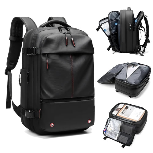 Vacuum backpack displayed from multiple angles showing compression technology and travel-friendly organization.