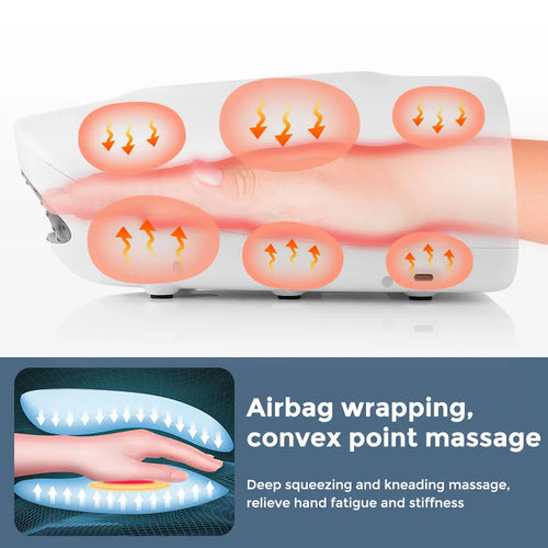 Electric hand massager showing air pressure massage points and heat therapy zones