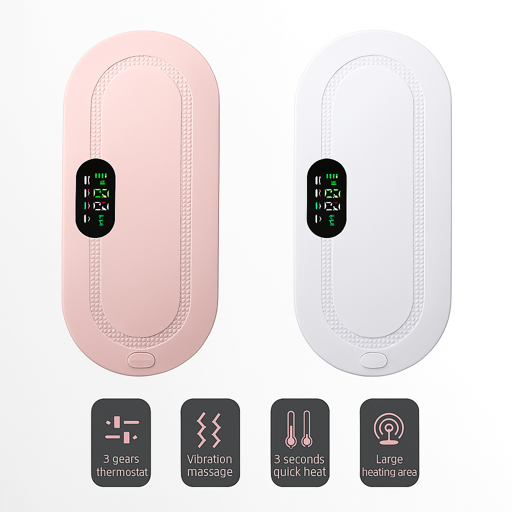 Pink and white electric period cramp massager belts with heating settings