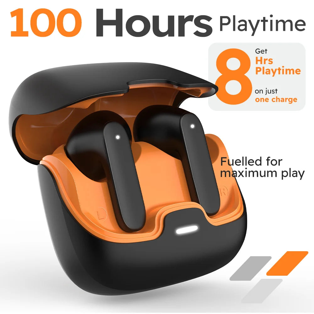 Wireless earbuds with charging case featuring 100 hours playtime and Bluetooth connectivity