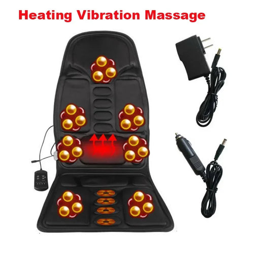 Heating vibration massage mat with power adapter and car charger on a white background


