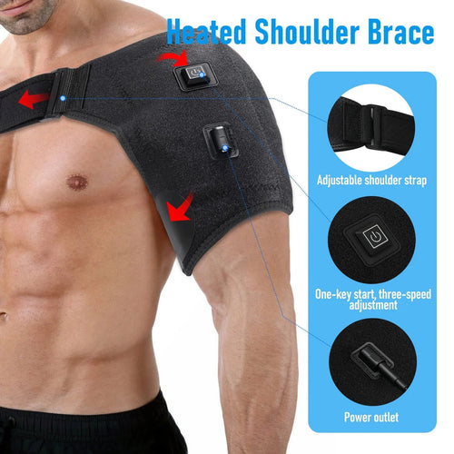 USB-powered shoulder heating pad with adjustable temperature settings and support straps
