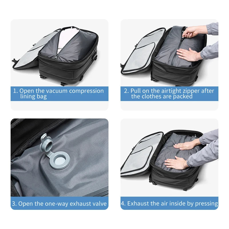 Travel backpack accessories and compartment layout illustrating organized storage and packing efficiency.