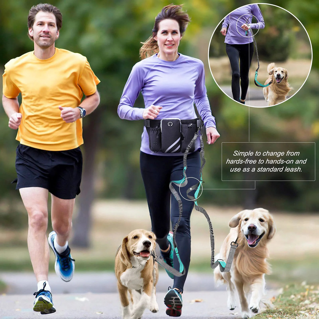 Two people running with dogs using a waist belt with leash attachment.

