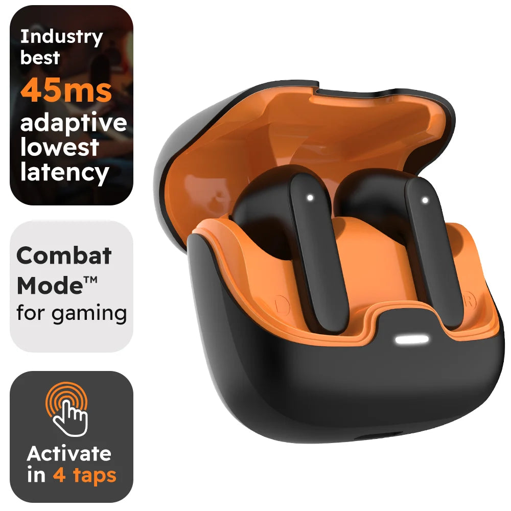 Black and orange Bluetooth earbuds with ergonomic in-ear design and charging case