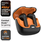 Black and orange Bluetooth earbuds with ergonomic in-ear design and charging case