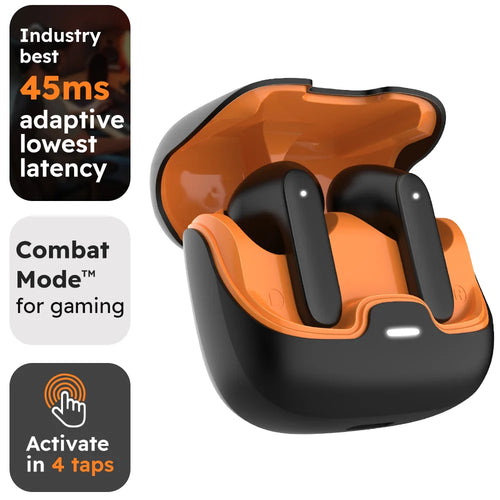 Black and orange Bluetooth earbuds with ergonomic in-ear design and charging case
