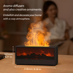 Tabletop fireplace with flames and dimensions displayed, blurred background of a person reading.


