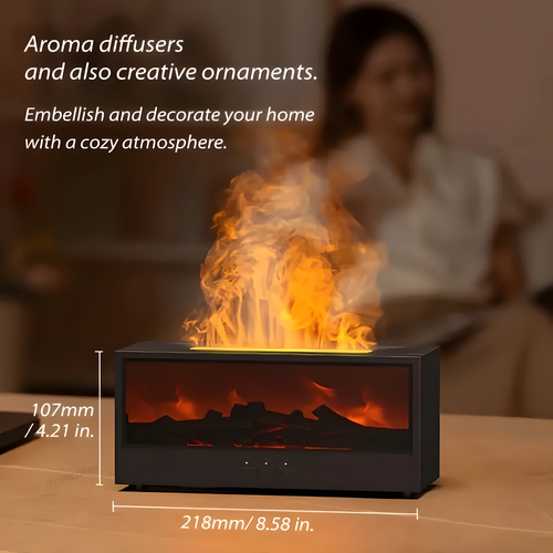 Tabletop fireplace with flames and dimensions displayed, blurred background of a person reading.

