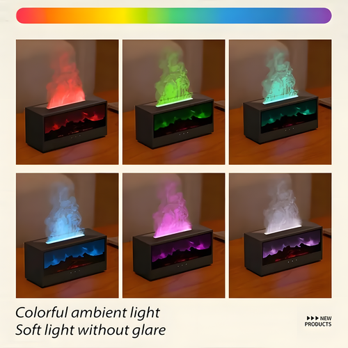 Six-panel product collage showing a rectangular black diffuser or candle holder with a glowing flame effect and mist rising from the top, demonstrated in different color modes: red, green, aqua, blue, purple, and white. A rainbow color strip appears at the top, and text at the bottom reads 'Colorful ambient light' and 'Soft light without glare'.

