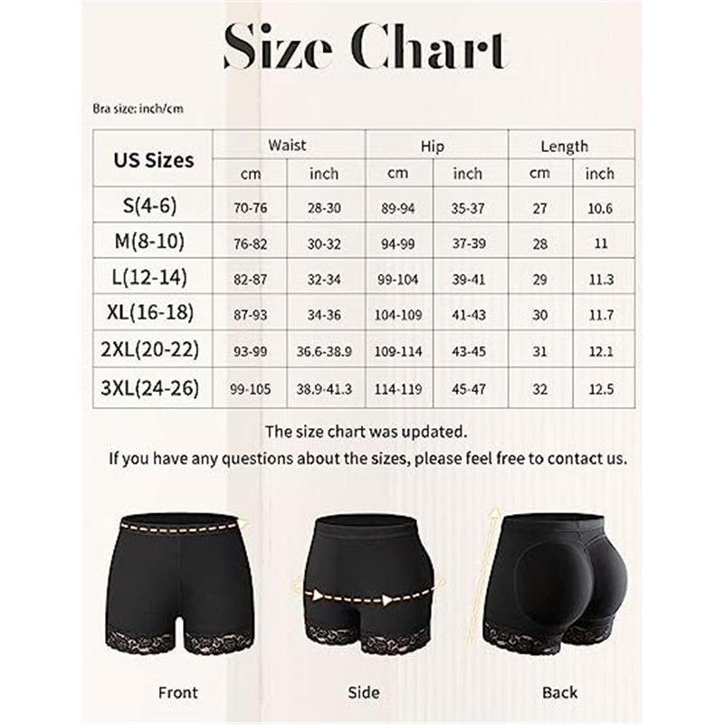 Hip lifter shorts size chart with measurements for selecting the correct fit.